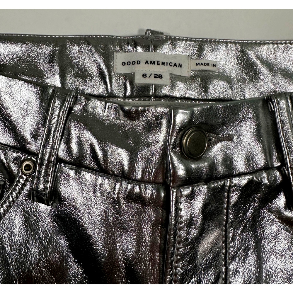 Good American Faux Leather Good Icon Straight Pants in Silver Metallic Size 6/28 - Picture 3 of 7